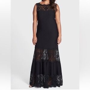 Tadashi Shoji Pintuck Lace Boatneck Gown‎ 1X Black Formal Dress Evening Wedding